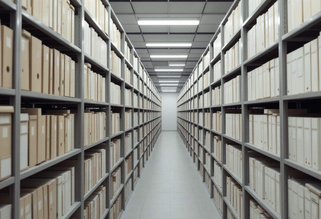 Archive shelving. Supply chains and records, not products.